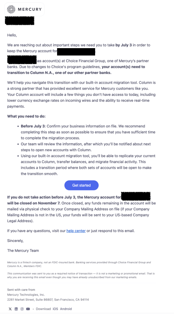 Mercury migration email showing the action deadline and account-closure date