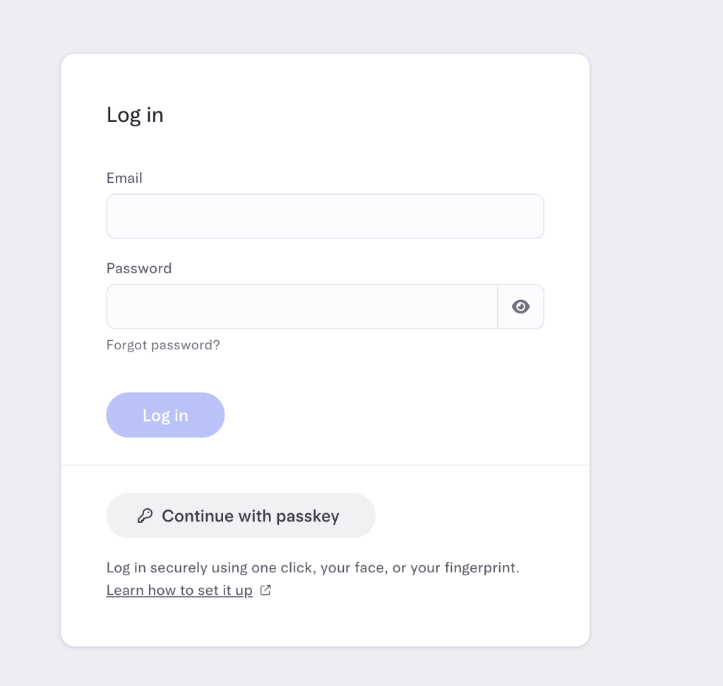 Mercury login page with email, password and passkey options