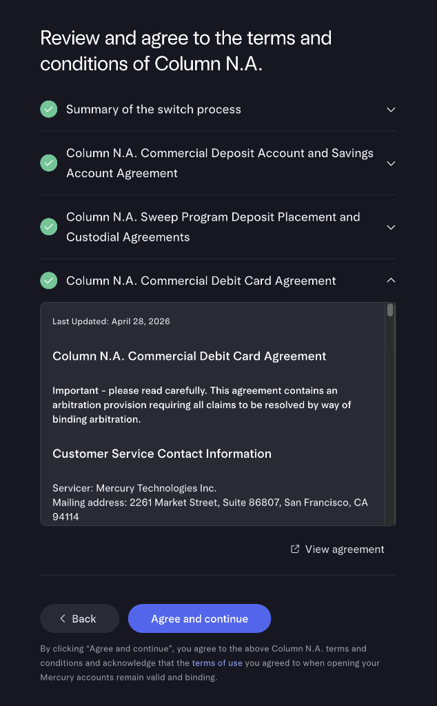 Column N.A. terms: four expandable agreements with the debit-card agreement open