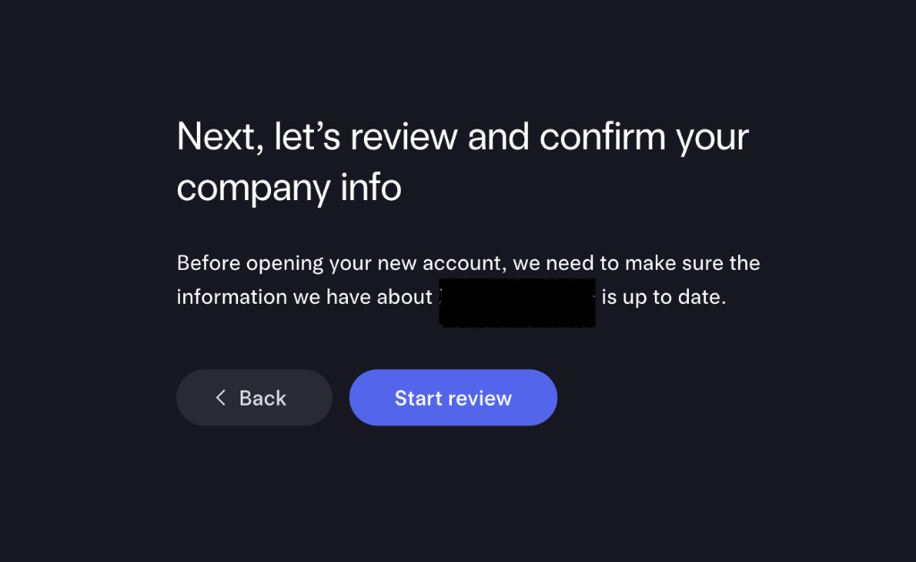 Mercury prompt to review and confirm your company info