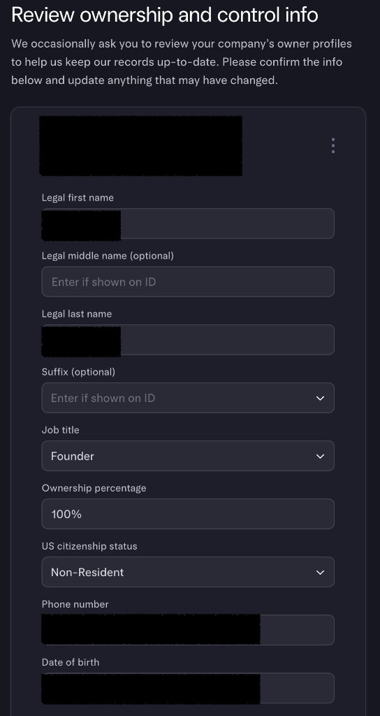 Ownership review form: job title Founder, ownership 100%, US citizenship status Non-Resident