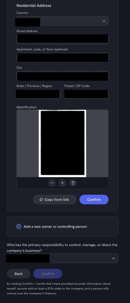 Ownership form: residential address fields, ID upload with zoom controls, and Confirm button