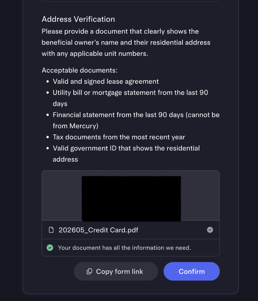 Successful address verification: green check, ’Your document has all the information we need’