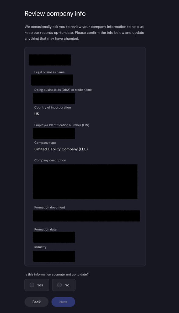 Review company info: legal name, country of incorporation US, EIN, company type LLC