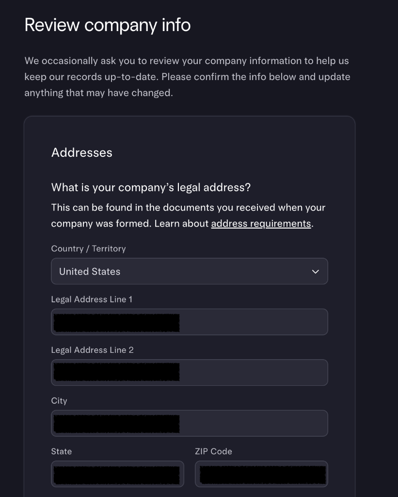 Company legal address form with country set to United States