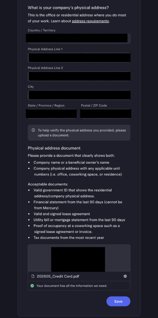 Company physical address form plus a successfully verified document upload