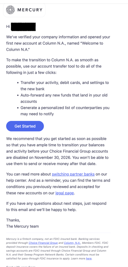 Mercury email confirming verification passed and a new Welcome to Column N.A. account opened