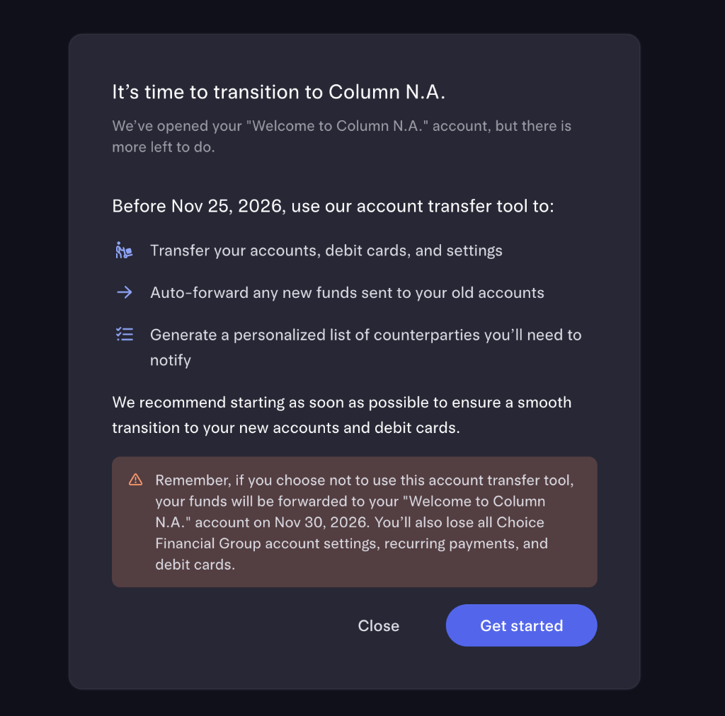 Dashboard modal: It's time to transition to Column N.A., listing what the transfer tool does