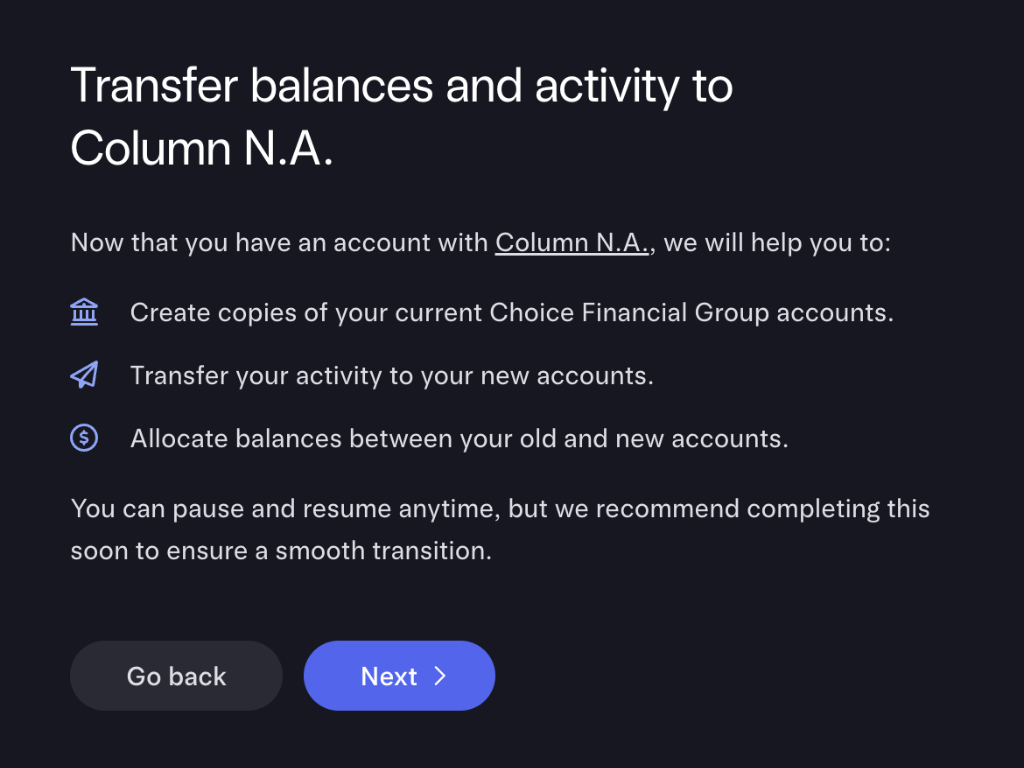 Transfer wizard intro: transfer balances and activity to Column N.A.