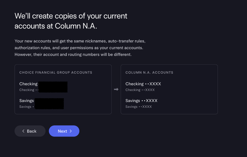 Account mapping: Choice Financial accounts map to new Column N.A. accounts