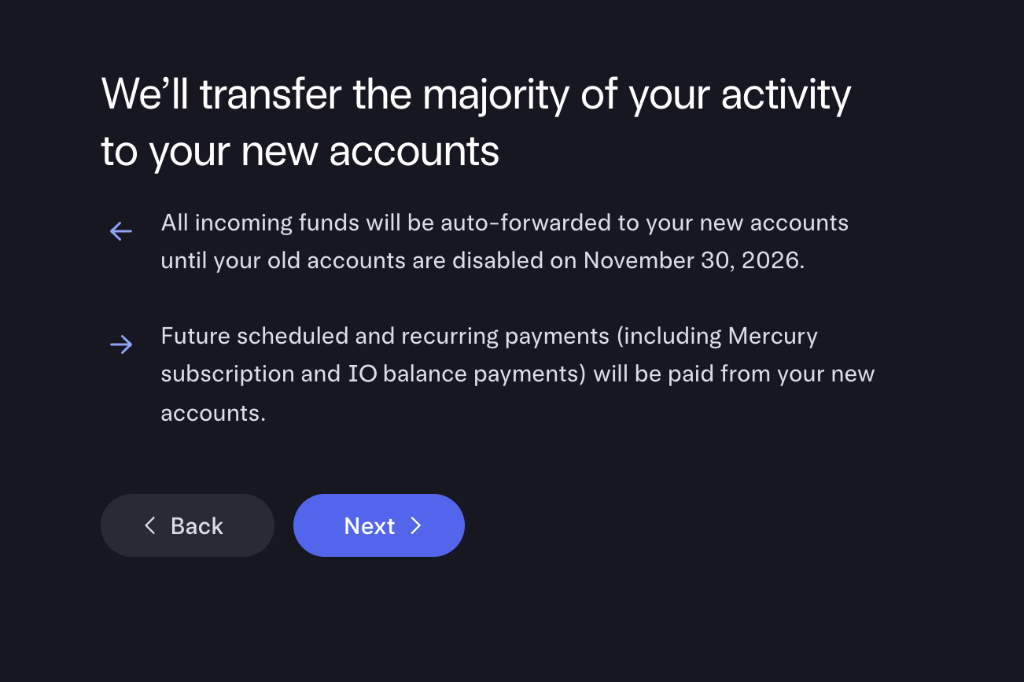 Activity transfer screen: incoming funds auto-forwarded; recurring payments move to new accounts