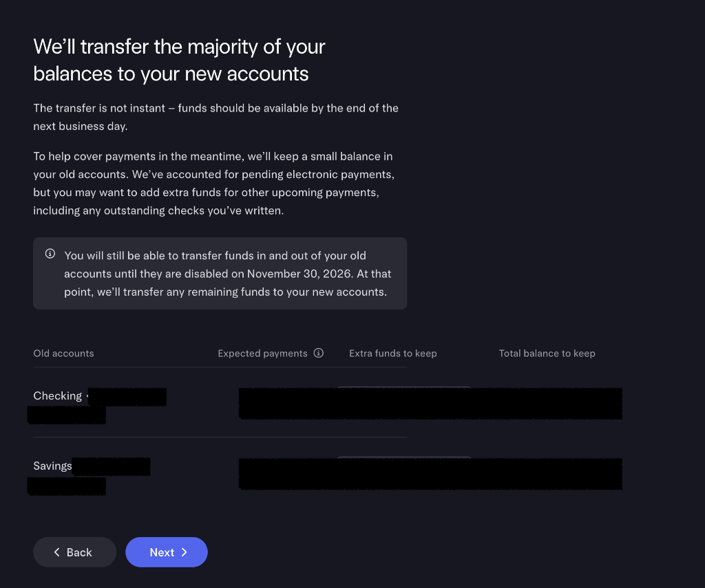 Balance allocation screen: expected payments and extra funds to keep in old accounts