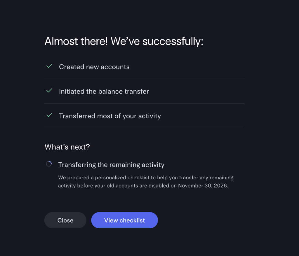 Success screen: created new accounts, initiated balance transfer, transferred activity