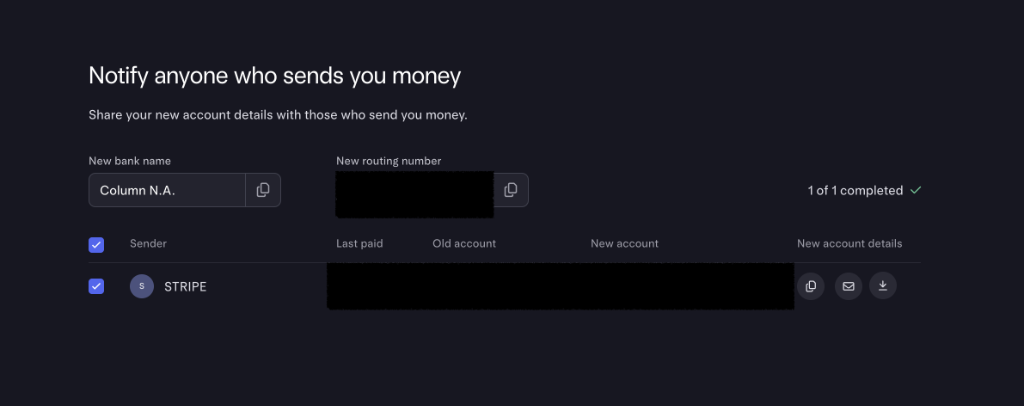 Notify tool showing new bank name Column N.A., new routing number, and a Stripe sender row
