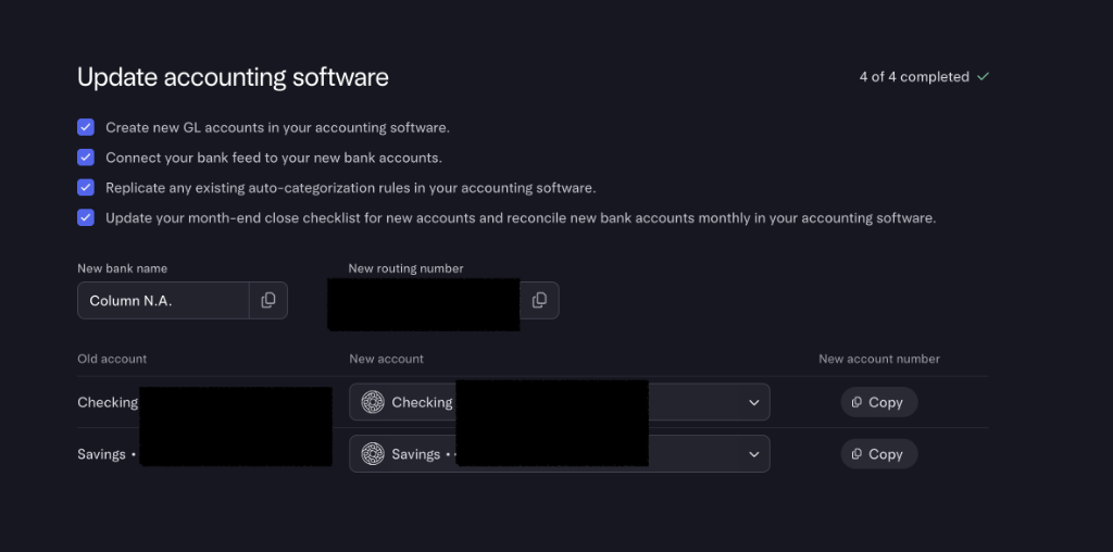 Update accounting software checklist with new GL accounts and bank feed setup
