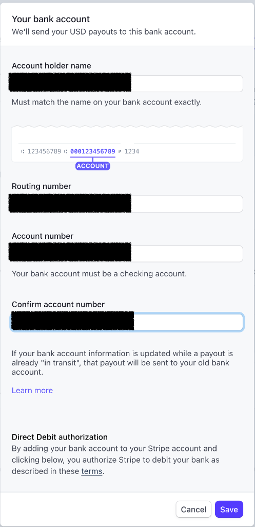 Stripe payout bank account settings: account holder name, routing number, account number